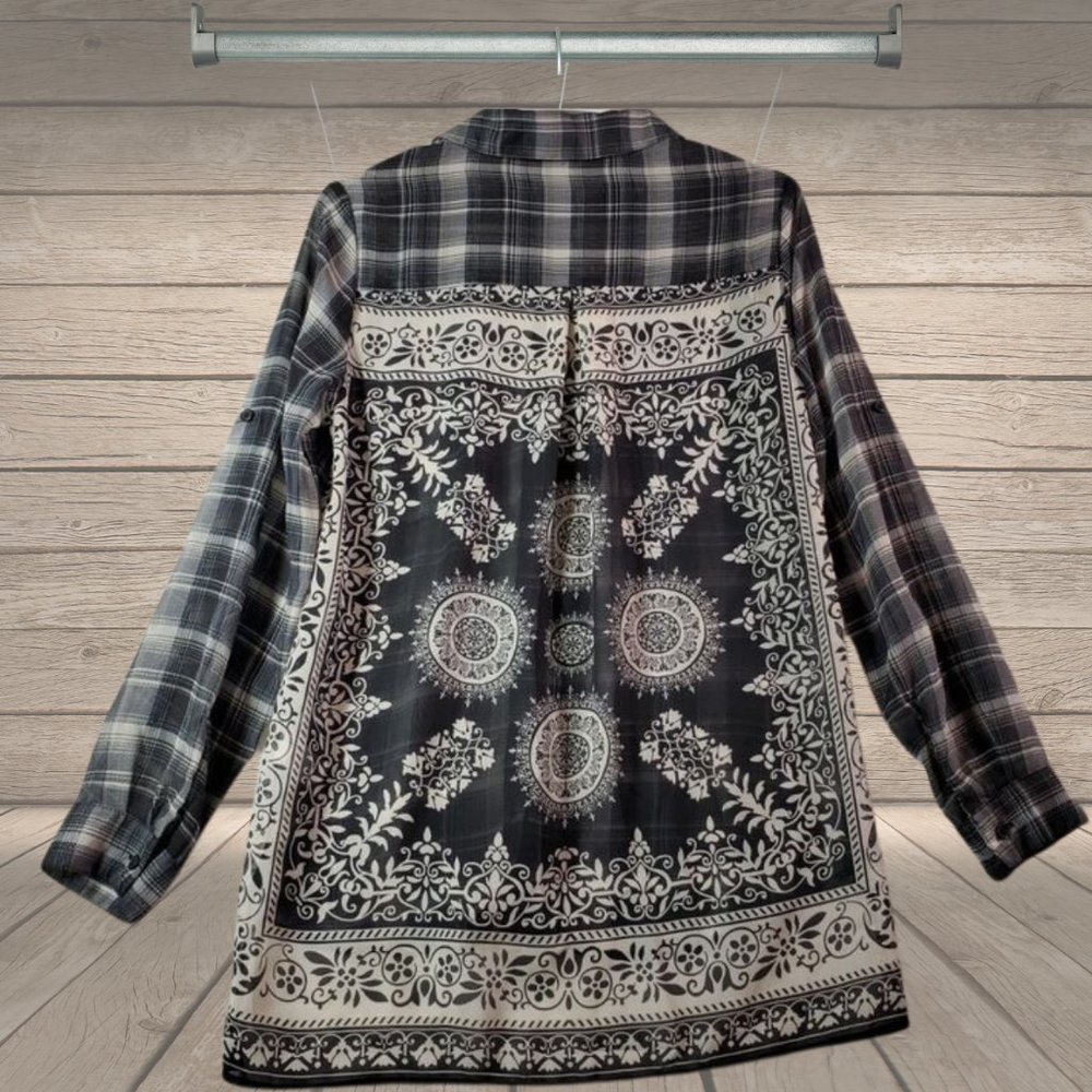 Xhilaration black and white plaid sheer, long sleeved button-up shirt.